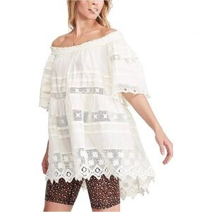 Free people XS Lace white Peasant‎ crochet off shoulder tunic summer oversized